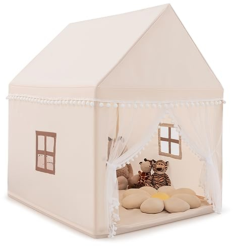 COSTWAY Kinderzelt Indoor, Kinderspielhaus für Jungen Mädchen Prinzess Prinzessin, Kinderspielzelt mit Massivholzrahmen & Baumwolldecke, Kinder Spielhaus für Drinnen, 120x105x140cm (Beige+Braun)