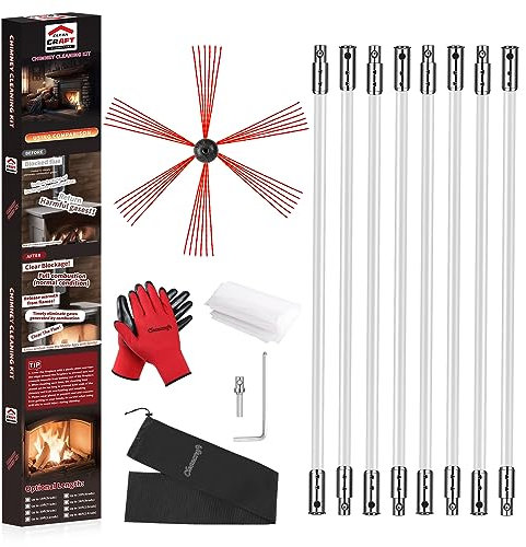 Cleancraft Chimney Sweep Kit - 20 Feet, 6 Flexible Rods, Brush & Drill-Driven Rotary System