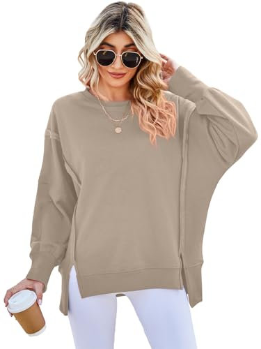 SotRong Oversized Sweatshirt for Women Longs Sleeve Baggy Slouchy Boxy Tops Crewneck Pullover T Shirt Ladies Loose Fit Sweatshirts Without Hood Girls Spring Autumn Winter Clothes Khaki S