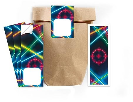 Minkocards 12 Lesezeichen + 12 Geschenktüten (Natur) + 12 Aufkleber Lasertag Laser Tag Mitgebselset Gastgeschenke für Kindergeburtstag Jungsgeburtstag Mädchengeburtstag