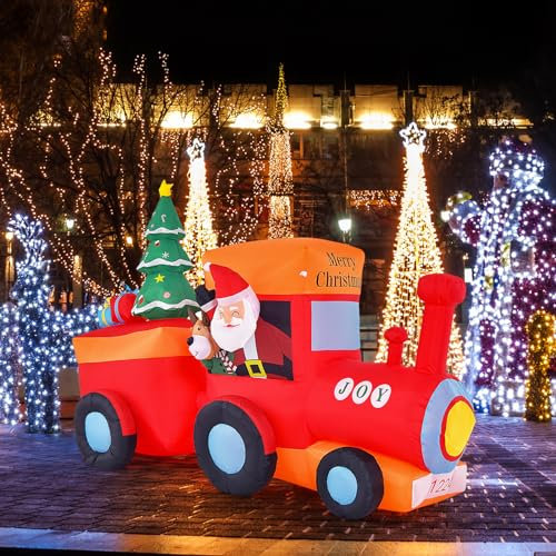 COSTWAY Aufblasbarer Weihnachtsmann und Rentier im Minizug, Aufblasbare Deko Weihnachten LED mit Weihnachtsbaum und Geschenkboxen, Weihnachtsdekoration aufblasbar draußen