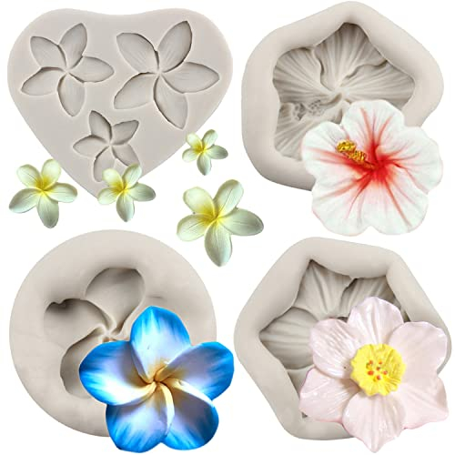 MYPRACS 4 Stück Frangipani Plumeria Blume Blumen Silikonform Hibiskusblüten Fondant Formen für Cupcake Kuchen Topper Dekoration Süßigkeiten Polymer Ton Schokolade Gummipaste