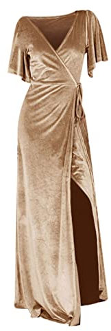 Robe longue sans bretelles avec col en V et fente pour demoiselle d'honneur, cocktail, robe longue pour femme, robe de soirée, doré, M