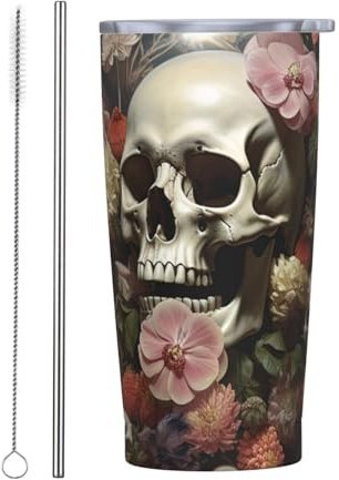 BONDIJ Becher mit Deckel und Strohhalm, Totenkopf im Glas, isolierter Becher, Edelstahl, vakuumisoliert, doppelwandig, für Auto, Büro, Zuhause, 590 ml