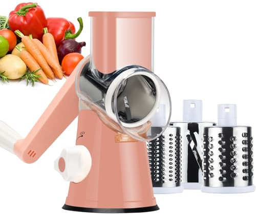 Ourokhome Rotary Cheese Grater Hand Crank, Kitchen Shredder Speed Mandolin Slicer Nuts Grinder with Handle and Drum Blades for Cheese, Vegetable, Walnuts, Chocolate, Potato, Carrot, 3 Blades, Pink