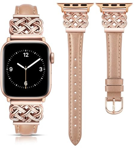 TOYOUTHS Leather Strap Compatible with Apple Watch Straps 38mm 40mm 41mm 42mm Women, Slim Thin Leather Strap with Designer Dressy Interlock Buckle for iWatch 10/9/8/7/6/5/SE/4/3, Rose Gold/Rose Gold