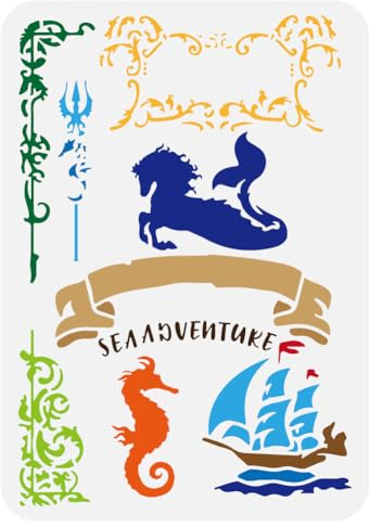 FINGERINSPIRE Retro Bordüre Dreizack Seepferdchen Schiff Große Schablonen 21x29.7 cm Mythologische Geschichten Malschablonen Blumenbordüre Weißer Drache Pferd Segelboot Vorlage Für Heimdekoration