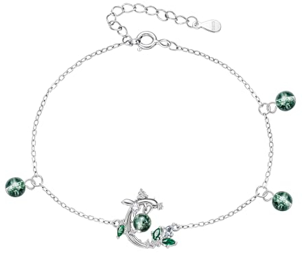 Wald Pflanzen Armband 925 Silber Damen -Grün stein Perlen Zirkonia Verstellbar Liebes Armbänder Mit Blätter Anhänger Urlaub Glücksarmband Schmuck Geschenke für Frauen Frau BFF Teenager Kinder Mädchen
