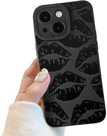 POTOK Handyhülle für iPhone 14 Schwarz matt mit Kameraschutz, Niedlich Lippe Schutzhülle Design für Frauen Mädchen, Kratzfeste Schutzhülle für iPhone 14