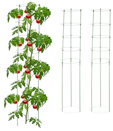 Relaxdays Rankhilfe, 3er Set, 5 Ringe, HxD: 150 x 28 cm, Blumen & Nutzpflanzen, Metall und Kunststoff, Tomatenturm, grün