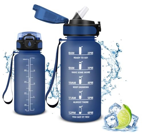Vikaster Trinkflasche, Water Bottle with Straw 500ml, Trinkflasche Leak-Proof, BPA-Free, Sportflasche für Camping, Yoga, Gym, Schule, Outdoors, A-marine Blau