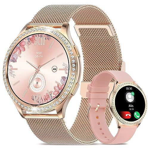Smartwatch Damen Herren mit Telefonfunktion/Message Reminder,80+ Sportmodi,1.32 Touchscreen, Fitnessuhr mit Blutdruckmessung Herzfrequenz Schrittzähler Sportuhr IP67 Wasserdicht für Android iOS, Gold
