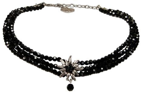 Alpenflüstern Trachten-Perlen-Kropfkette Strass-Edelweiß - nostalgische Trachtenkette, eleganter Damen-Trachtenschmuck, Dirndlkette (schwarz) DHK269