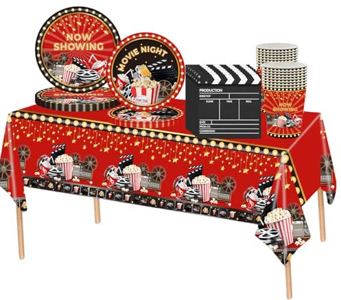 69 Piezas Set Vajilla Desechable Películas de Hollywood,Platos Desechables Servilletas Vasos Papel Mantel Plásticos Decoración de Mesa,Vajilla Desechable Biodegradable para Fiesta de Tema Cine