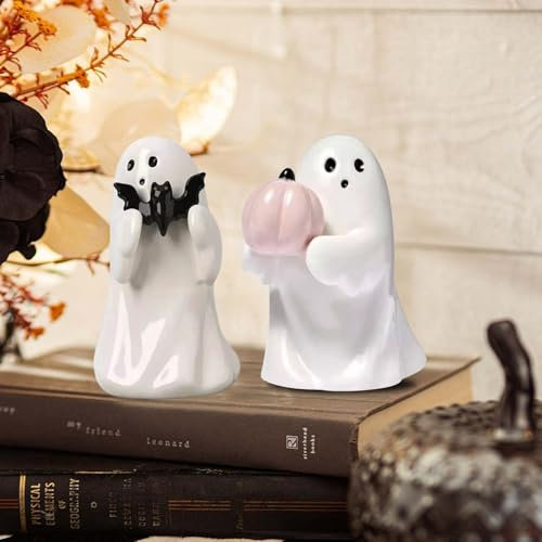 Halloween Deko Geist Statue, Halloween Deko Geister Figuren mit Kürbis Fledermaus Halloween Geisterfigur Harz Halloween Deko Innen Skulptur Halloween Ghost Ornament für Halloween Dekoration (2PCS)