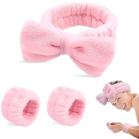 3 Stück Haarband Kosmetik, Spa Bowknot Stirnband Abschmink Haarband, Elastic Make Up Haarband mit 2 Armbänder, Breitkrempe Haarband Damen Kosmetik für Gesichtswaschen Dusche Sport