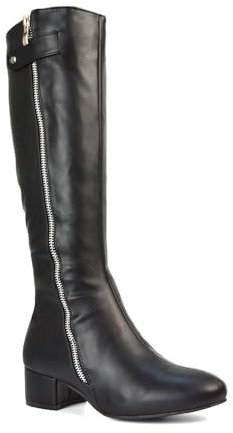 Women's Knee High Boots Ladies Decorative Zip Low Heel Round Toe Black Synthetic Leather Biker Long Shoes Size 5