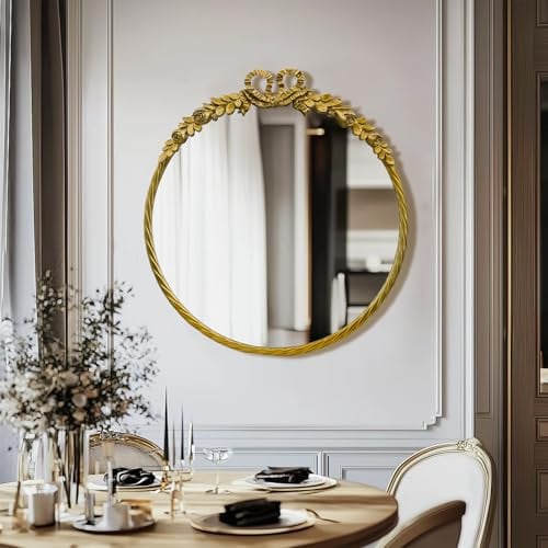 G-LEAF 70X70CM Retro Gold Runder Barock Spiegel, 28 inch Antik HD Runder Wandspiegel mit Metallrahmen für Badezimmer, Waschtisch, Wohnzimmer, Schlafzimmer, Eingang Wanddekoration Heimdekoration