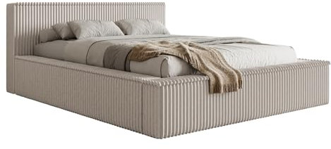 Selsey Polsterbett 140 x 200 cm Doppelbett Gepolstertes Bett Bettgestell Mit Stauraum Und Kopfteil Weicher Cord Stoff Grau-Beige Affolio
