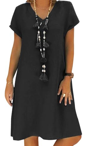 Kvruhuiy Women's Casual Summer Linen Dress Short Sleeve A-line Cotton V Neck Dress with Side Pockets Sundress Without Accessories S-3XL
