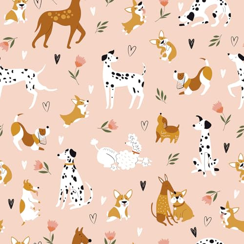 VEELIKE Self-Adhesive Wallpaper Children's Room Pink Fun Dog Dollhouse Wallpaper Puppies Pattern Wallpaper 44.5 cm × 300 cm Mixed Breed Dog Photo Wallpaper Children's Room Playroom Animal Wallpaper