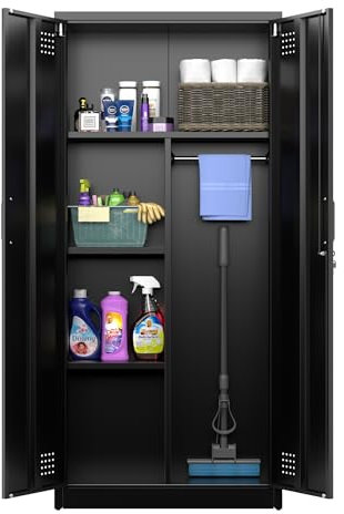 SUPEER Besenschrank mit Belüftung & Magnetverschluss,Mehrzweckschrank,Stabiler Stahlschrank für Staubsauger, Putzmittel, Wäsche und Haushaltszubehör|70x30x165 cm|schwarz