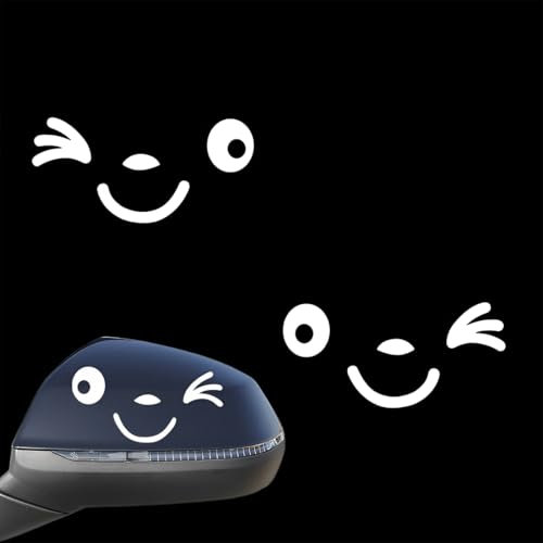 2 Pcs Autoaufkleber, Aufkleber für Auto, Smile Gesicht Rückspiegel-Autoaufkleber, Auto Aufkleber für Spiegel, Niedliche dekorative Autoaufkleber, für Außenspiegel (Weiß)
