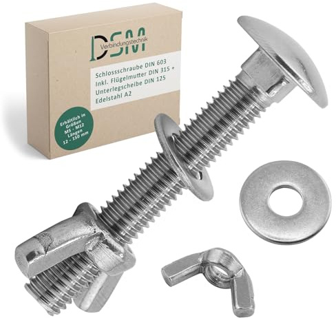 DSM – Schlossschrauben M6 x 80 mm SET DIN 603 – je 10 Stück Edelstahl A2 | inkl. M6 Flügelmuttern DIN 315 & Unterlegscheiben DIN 125 [TrueSpec] Vollgewinde Flachrundkopfschrauben Torbandschrauben