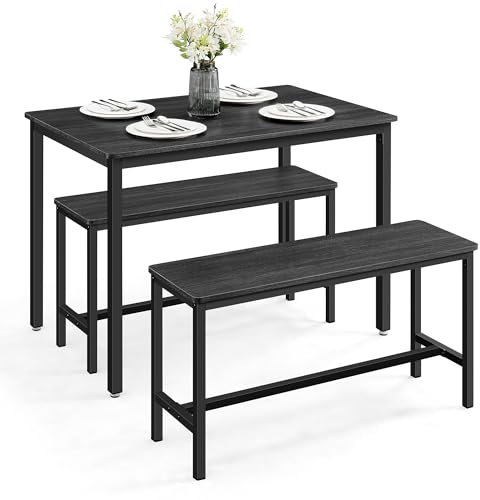 VASAGLE Dining Table with 2 Benches, 3 Piece Set, Kitchen Table of 70 x 110 x 75 cm, 2 Benches of 30 x 97 x 50 cm Each, Steel Frame, Charcoal Grey and Ink Black KDT070B10