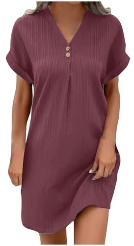 HAOLEI Robe Femme Ete Lin Coton Tunique Robe Manches Courtes Ample Casuel Couleur Unie Robes avec Boutons Col V Chic Elegant Robes De Plage Pas Cher Grandes Tailles Dress pour FêTe Vacances