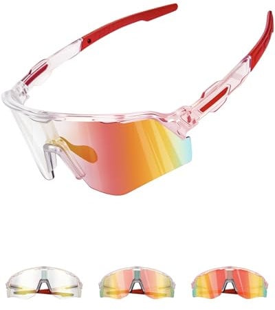 Winyoher Fahrradbrille Herren Selbsttönend,Photochrom Sport Sonnenbrille Selbsttönend Schnelle Brille Damen Sportbrille, UV400 Rennrad Lauf Brille Für Radfahren,Beachvolleyball- Rot