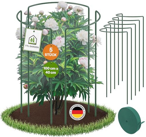 TTL GARDEN Strauchstützen 100cm x 40cm 5er Set + Klettband - Pflanzenstütze Stahl rostfrei Kunststoff beschichtet - Pflanzenhalter Staudenhalter Blumenhalter Hortensie Rose Pfingstrose Ø 5,5mm grün