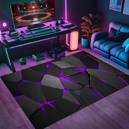 Tappeto Camera Da Letto Ragazzo Bambini, Gaming Pavimento Antiscivolo, Zone Game 3D, Stampa geometrica in stile neon, Decorative Accessori Stanza, Adatto Per Scrivania E Sedia (Colore 10,140x200cm)