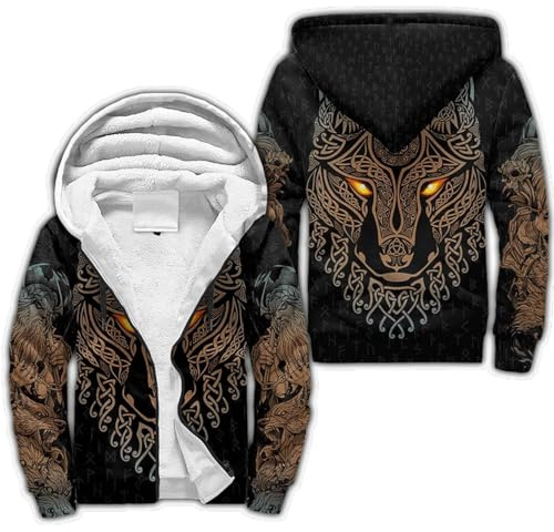 Wikinger-Krieger Fenrir Wolf Tattoo Kapuzenpullover Herren Kapuzen Sweatshirt 3D-Druck Sohn Odins Sherpa Gefüttert Hoodie mit Känguru Tasche Winter Warme Pullover Mittelalter Streetjacke