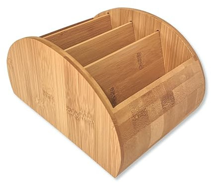 Osco Bamboo Large Remote & Desk Organiser, 4-Compartment Sustainable MOSO Bamboo Caddy for Remotes, Pens, Make-Up & Cosmetics, Natural Finish, H12 × W15.8 × D22.5 cm