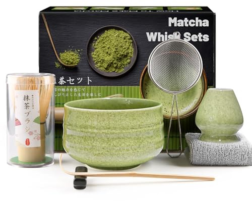 7 Piece Matcha Set, Macha Tea Set with Matcha Spoon, Whisk Holder, Matcha Whisk, Shovel, Strainer, Japanese Tea Accessories Traditional Bamboo Whisk Tea Ceremony Best Gift,Threaded Green