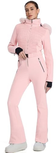 HOTIAN Damen Einteiler Skianzüge Skioverall Wasserdicht Winddicht Damen Schneeanzug Winter Warme Jumpsuit Snowboard Skisuit Mit Kapuze Pink S