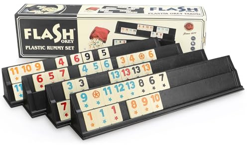 Semus Flash Black Okey/Rummy – PVC Steinleger, Melamin Spielsteine Mattiert, Mit 4 Steinaufstellern, Würfel & Stoffbeutel