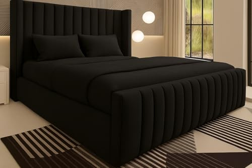 Luxury Chesterfield Winged Panel Bed Frame |- Double King Superking Sizes - Optional Gas Lift & Mattress - UK Made (Black Plush, King 5ft with Mattress + Gas Lift)