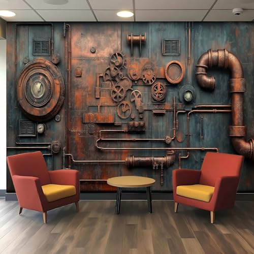 Generisch 3D Tapete Steampunk Zahnräder Industrie-Stil - Ineinandergreifende Zahnrad-Anordnungen mit Rohren & Manometer Textur, Polyester Tapete für Wohnzimmer Schlafzimmer