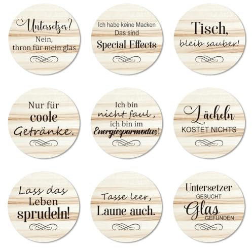 ANATTASOUL 9 Stück Lustig Sarkastisch Untersetzer Holz für Zuhause | Holzuntersetzer Coaster Wiederverwendbare Glasuntersetzer ,Tasse Coaster Mat für Büro und Bar Tischdeko Sommer