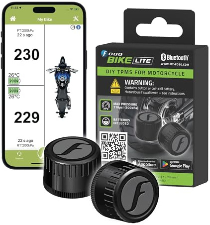 FOBO Bike LITE Reifendruck-Kontrollsystem mit App - Intelligentes Bluetooth 5.0 Reifendrucksensor Reifendruckkontrollsystem für Motorräder Reifendruckmesser Reifendruckprüfer Manometer - Schwarz