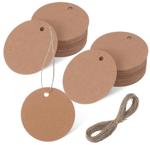 Larrel 100 Stück Braun Geschenkanhänger,5 cm Rund Anhänger Etiketten mit 20m Hanfseil Geschenkanhänger Craft Card Geschenk Anhänger zum beschriften für Party, Handwerk, Hochzeit, Weihnachten, Verpacke