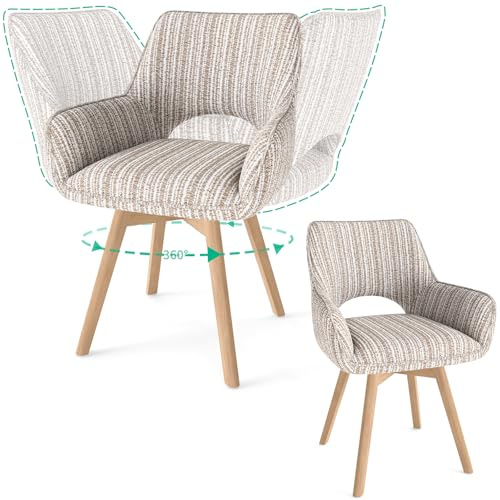 WAFTING 2er Set Esszimmerstuhl Drehbar mit Armlehne und Holzbeinen, 360° Drehbar, Moderner Polsterstuhl mit Stoffrückenlehne für Küche, Wohnzimmer, Schlafzimmer, Hellbraun