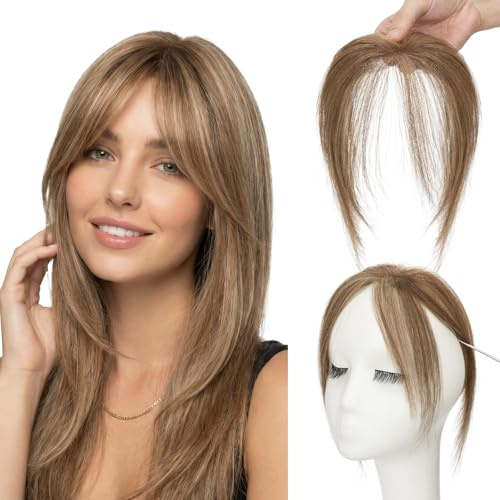 SEGO Pro Pony Haarteil Echthaar Extensions Clip in Pony Puffin mit 2 Clip Hair Topper 100 Remy Haar Air Bangs für Damen Mittelbraun/Honigblond #4p27