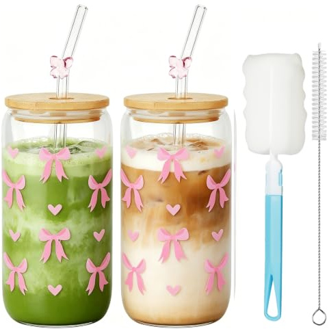 Mssushi 2 Pcs Bow Glass Cups 16OZ with Lids & Straws (Pink Bow＆Heart) | Cute Iced Coffee Cup, Aesthetic Gift, for Bubble Tea, Juice