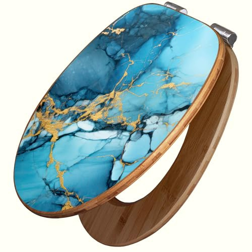 banjado Design WC Sitz Bambus Absenkautomatik 45,8x37,5cm - Toilettendeckel mit Absenkautomatik Holz - hochwertiger Bambus Klodeckel - WC-Sitz für gängigen Toiletten - Motiv Blauer Marmor mit Gold 2