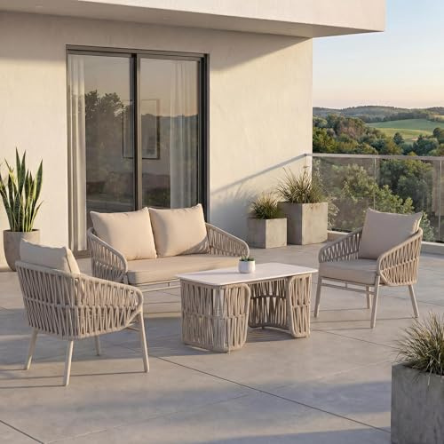 Mendler Gartengarnitur HWC-P90 Stoff/Textil - Creme | Lounge-Set, Gartenlounge, Sofa, Sessel, Tisch, Seilgeflecht, Rope, (180g/m²)