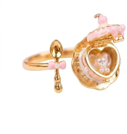 SXWXUKB Cute Enamel Cream Cake Ring with Openable Lid & Hidden Animal, Gold Adjustable Love Heart Locket Ring with Mini Spoon & Bow Kawaii Sweet Treat Jewelry for Women