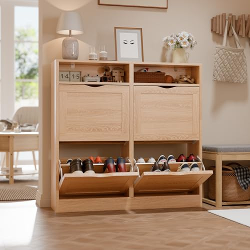 ELUCHANG Schuhschrank schmal mit 4 Klappen / 8 Ablagen, Platzsparender Schuhkipper Schuhkommode, Geschlossen Schuhregal, Shoe Cabinet Flurschrank für Diele/Flur/Garderobe, Eiche